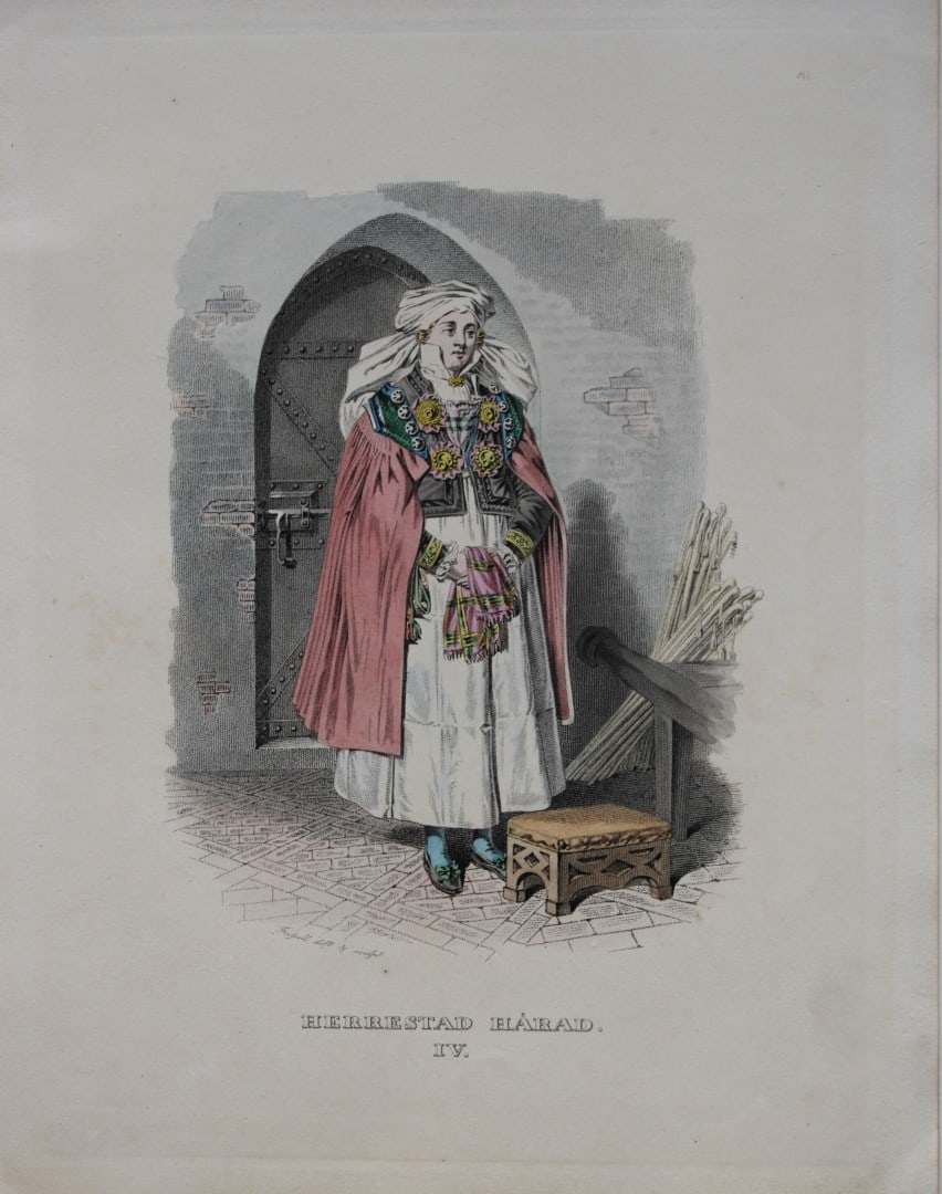 Forssell and Sandberg - Hand coloured lithograph of Herrestad Harad, Sweden by Forssell 1836: This hand-coloured lithograph of Swedish folk costumes and views is from Une Annee en Suede (A year in Sweden) by CD Forssell and JG Sandberg. Published by LJ Hjerta, Stockholm 1836.The plates depict