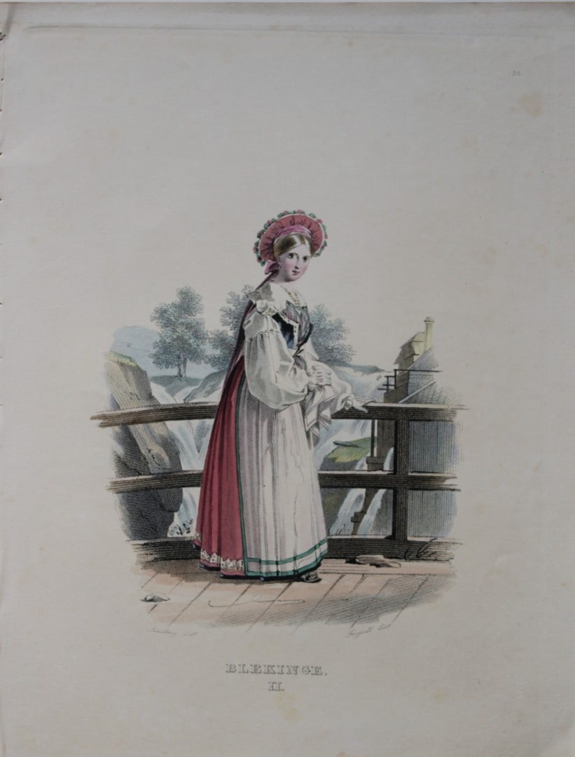 Forssell and Sandberg - Hand coloured lithograph of Blekinge folk, Sweden by Forssell 1836: This hand-coloured lithograph of Swedish folk costumes and views is from Une Annee en Suede (A year in Sweden) by CD Forssell and JG Sandberg. Published by LJ Hjerta, Stockholm 1836.The plates depict