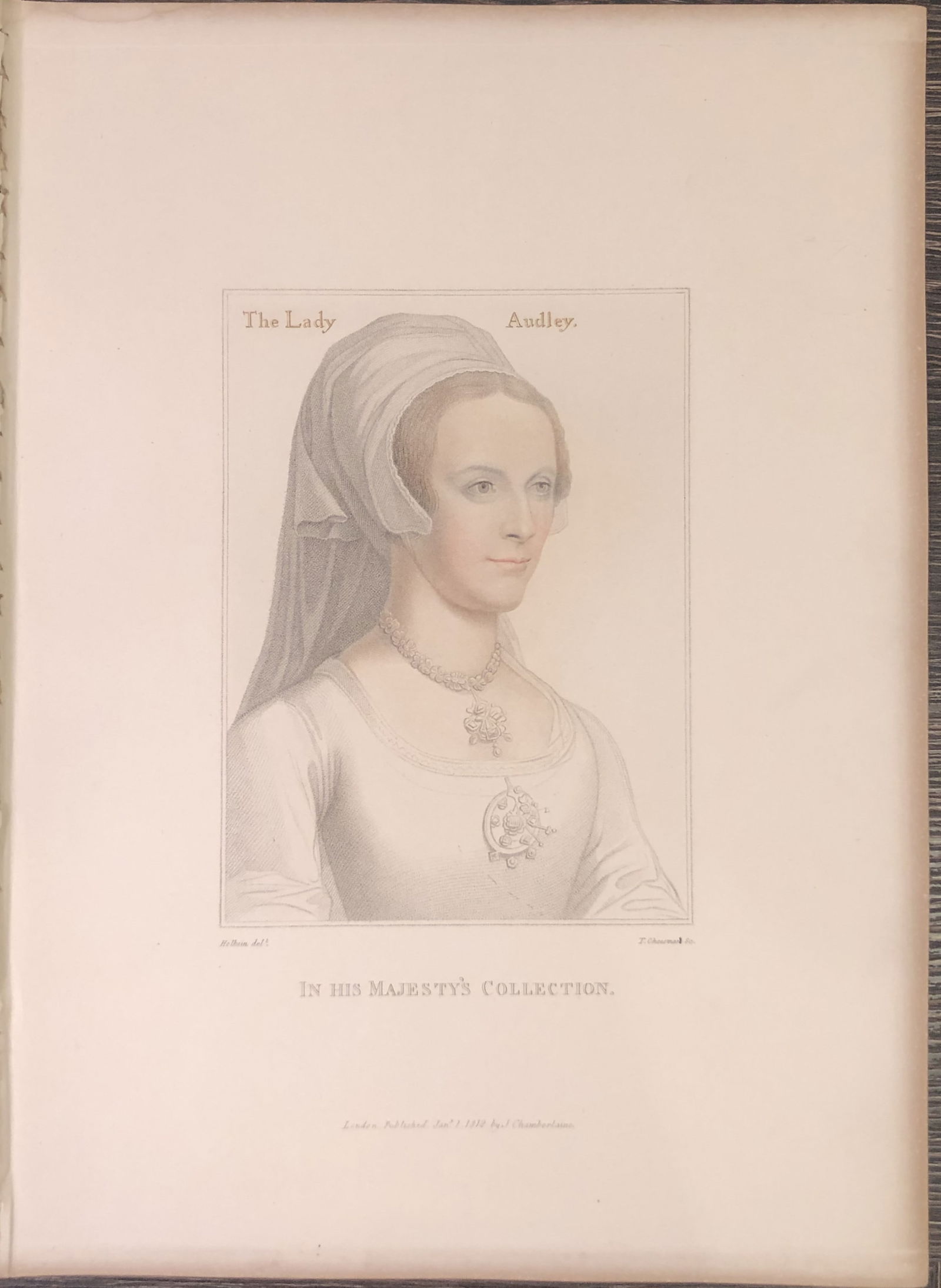 Hans Holbein - Portrait of Lady Audley 1812: This stipple engraving is from Portraits of Illustrious Personages of the Court of Henry VIII: Engraved in Imitation of the Original Drawings of Hans Holbein, in the Collection of His Majesty. With a