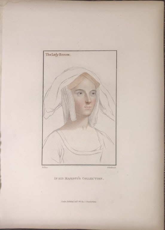 Hans Holbein - Portrait of Lady Borough Hans Holbein 1812: This stipple engraving is from Portraits of Illustrious Personages of the Court of Henry VIII: Engraved in Imitation of the Original Drawings of Hans Holbein, in the Collection of His Majesty. With a
