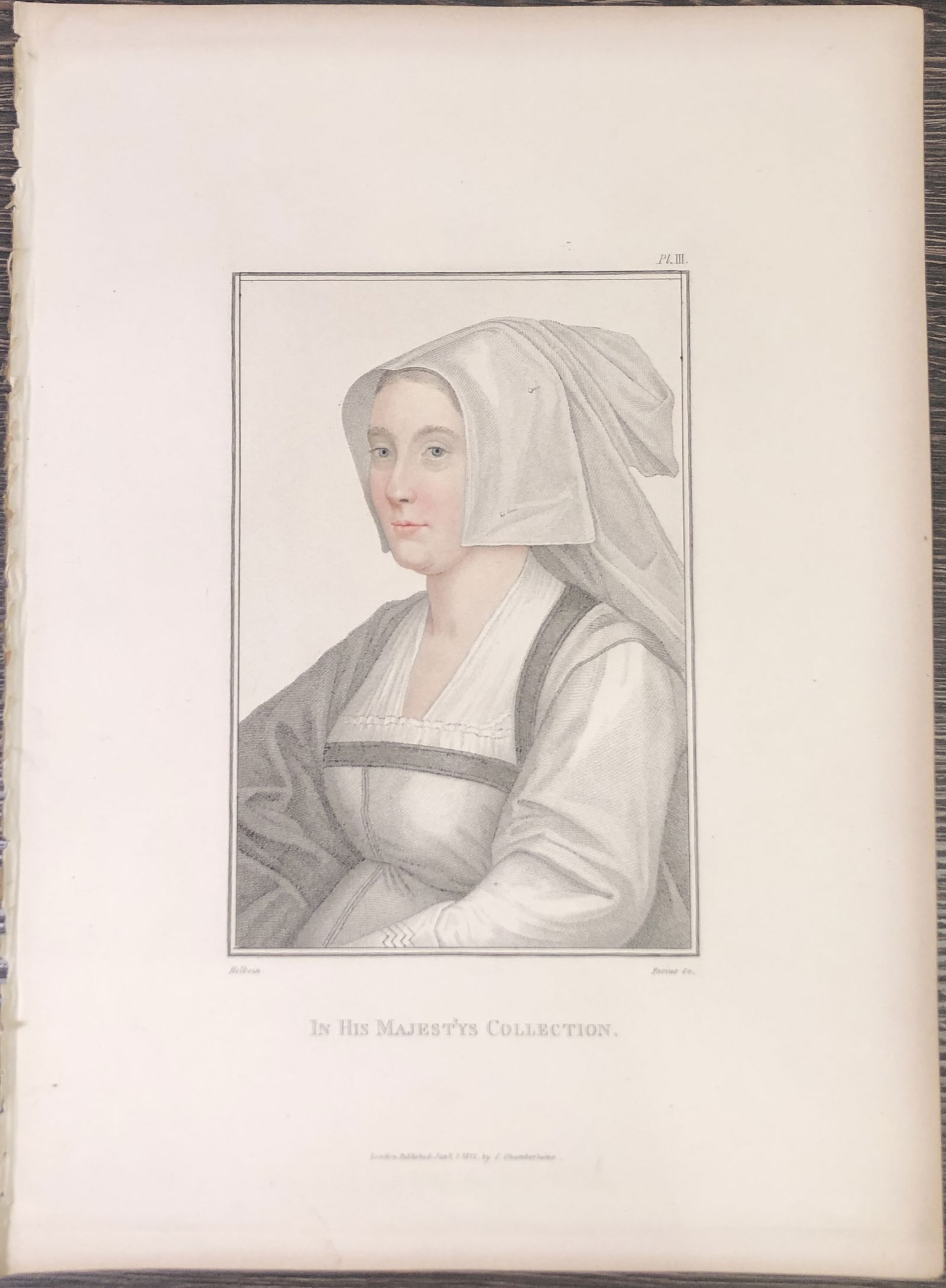 Hans Holbein - Portrait of Unknown Lady 1812: This stipple engraving is from Portraits of Illustrious Personages of the Court of Henry VIII: Engraved in Imitation of the Original Drawings of Hans Holbein, in the Collection of His Majesty. With a