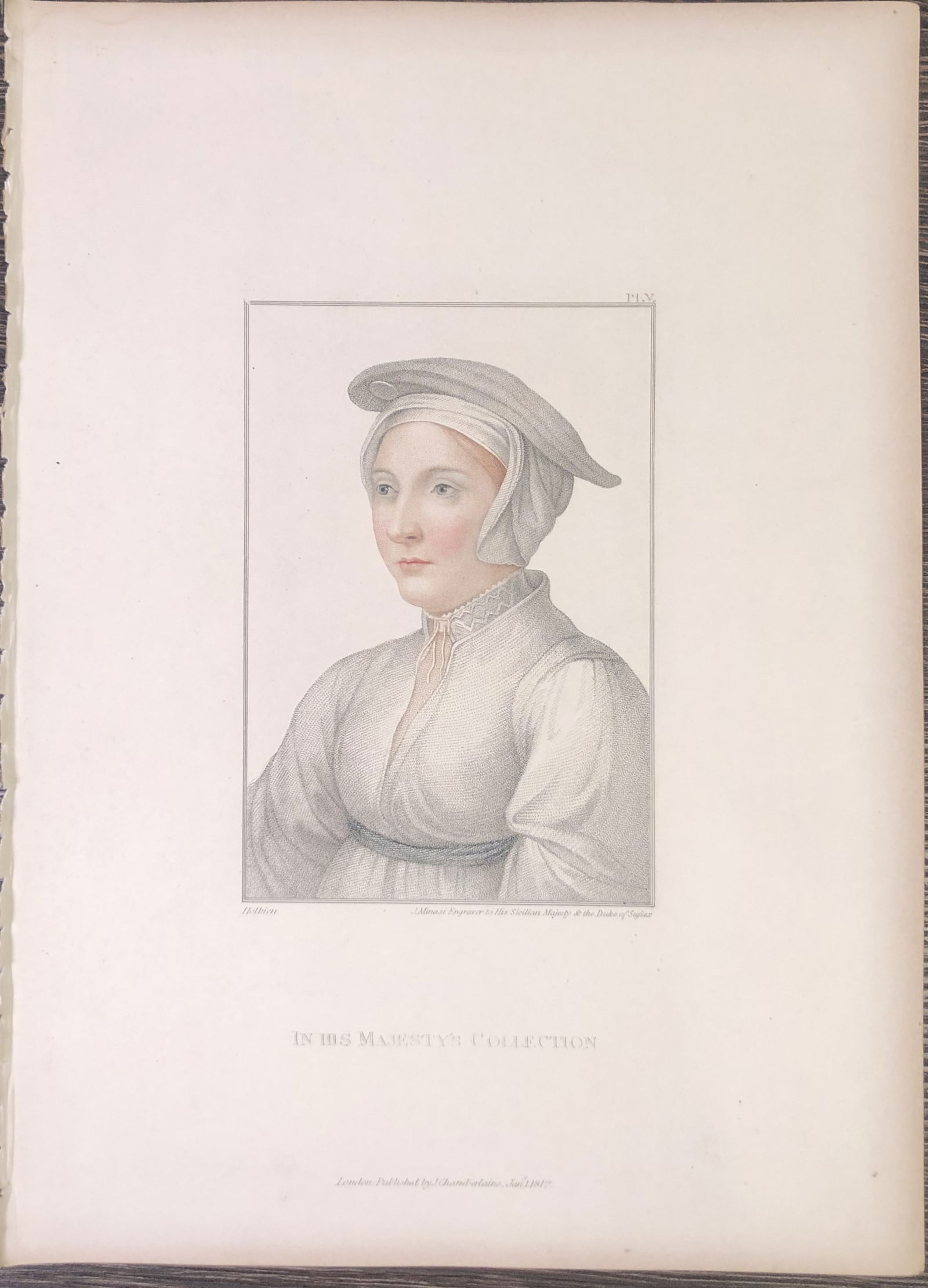 Hans Holbein - Portrait of Unknown Lady 1812: This stipple engraving is from Portraits of Illustrious Personages of the Court of Henry VIII: Engraved in Imitation of the Original Drawings of Hans Holbein, in the Collection of His Majesty. With a