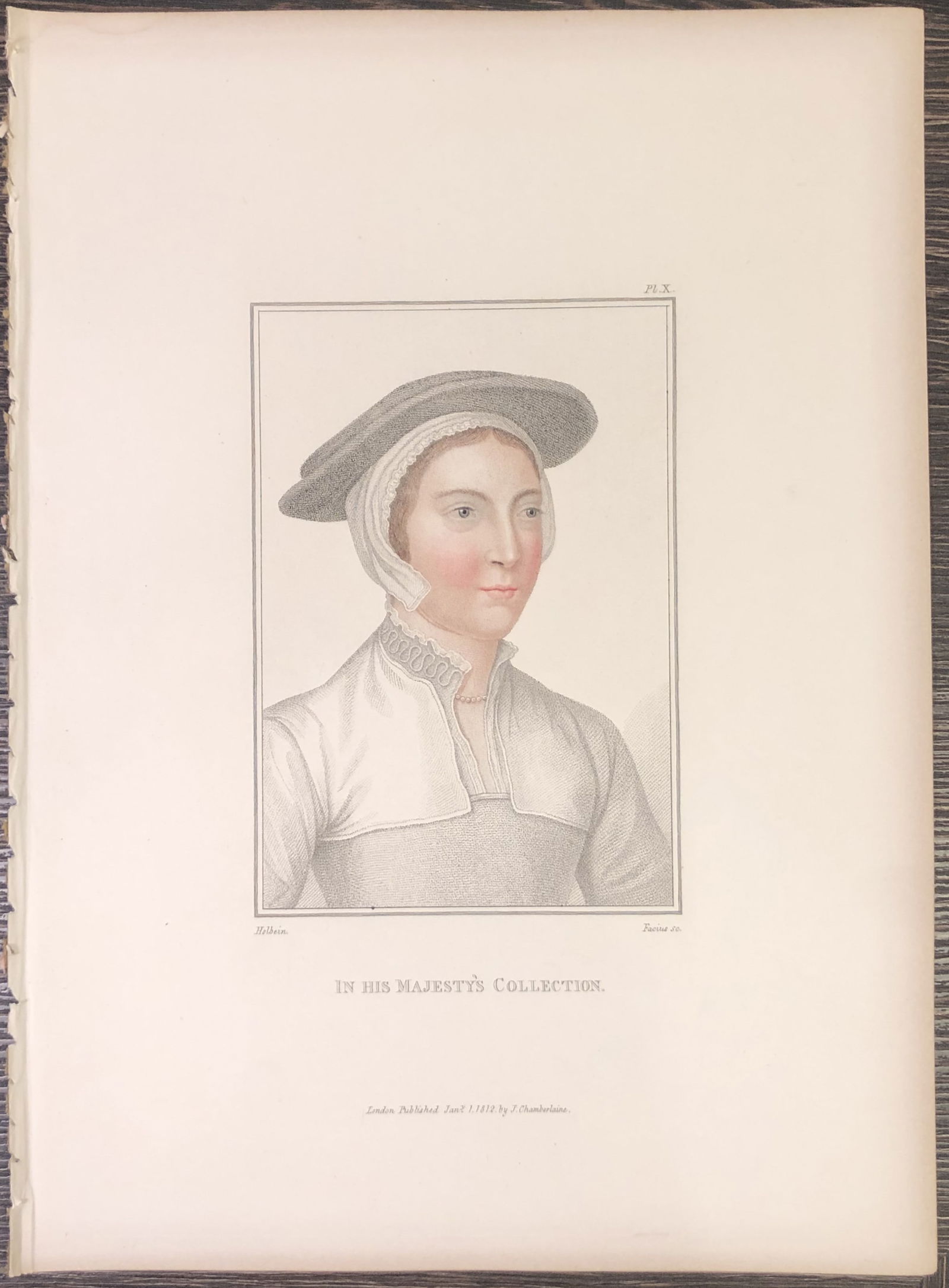 Hans Holbein - Portrait of Unknown Lady 1812: This stipple engraving is from Portraits of Illustrious Personages of the Court of Henry VIII: Engraved in Imitation of the Original Drawings of Hans Holbein, in the Collection of His Majesty. With a