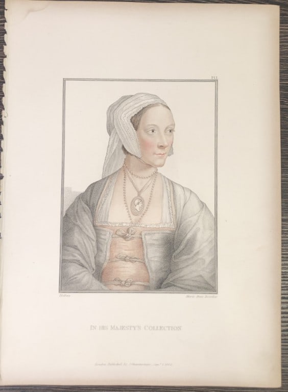 Hans Holbein - Portrait of Unknown Lady 1812: This stipple engraving is from Portraits of Illustrious Personages of the Court of Henry VIII: Engraved in Imitation of the Original Drawings of Hans Holbein, in the Collection of His Majesty. With a