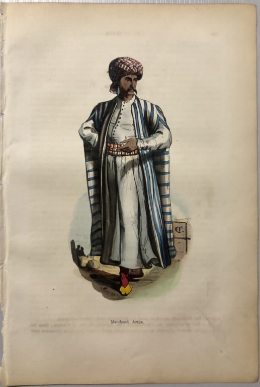 Auguste Wahlen - Woodcut engraving of an Arab Merchant 1843: This hand-coloured woodcut engraving is from the Asian volume of Moeurs, Usages et costumes de tous les peuples du monde, d'apr?s des documents authentiques et les voyages les plus r?cents by Auguste