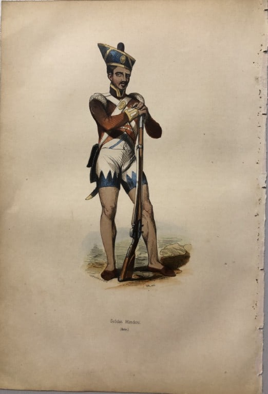 Auguste Wahlen - Woodcut engraving of a Hindu soldier 1843: This hand-coloured woodcut engraving is from the Asian volume of Moeurs, Usages et costumes de tous les peuples du monde, d'apr?s des documents authentiques et les voyages les plus r?cents by Auguste