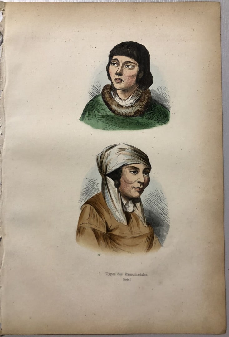 Auguste Wahlen - Woodcut engraving of Kamchadal types 1843: This hand-coloured woodcut engraving is from the Asian volume of Moeurs, Usages et costumes de tous les peuples du monde, d'apr?s des documents authentiques et les voyages les plus r?cents by Auguste