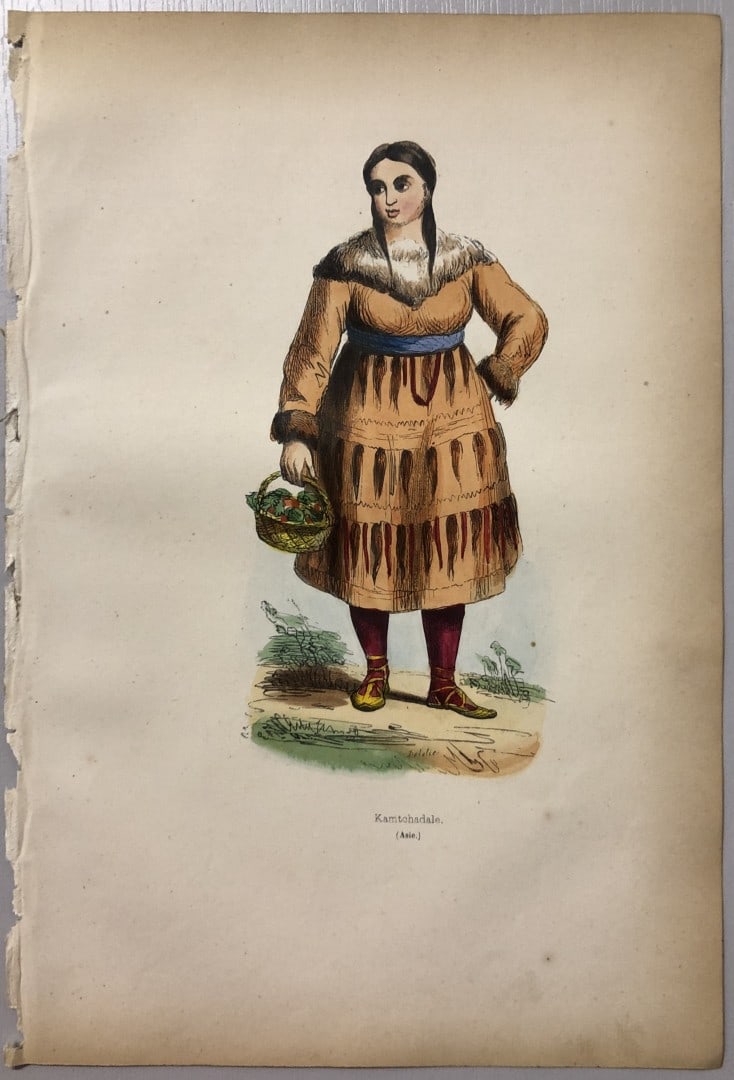 Auguste Wahlen - Woodcut engraving of Kamchadal lady 1843: This hand-coloured woodcut engraving is from the Asian volume of Moeurs, Usages et costumes de tous les peuples du monde, d'apr?s des documents authentiques et les voyages les plus r?cents by Auguste