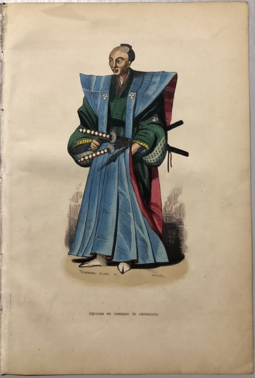 Auguste Wahlen - Woodcut engraving of Japanese ceremonial costume 1843: This hand-coloured woodcut engraving is from the Asian volume of Moeurs, Usages et costumes de tous les peuples du monde, d'apr?s des documents authentiques et les voyages les plus r?cents by Auguste