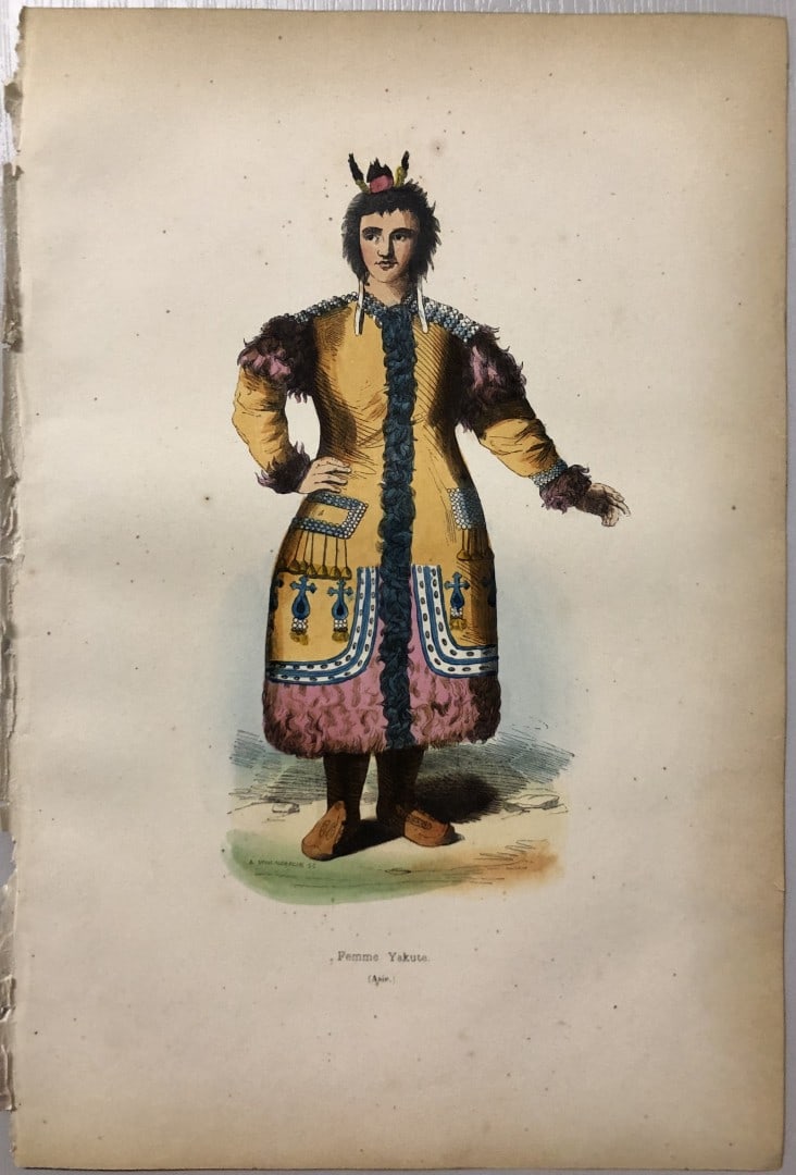 Auguste Wahlen - Woodcut engraving of Jacut lady 1843: This hand-coloured woodcut engraving is from the Asian volume of Moeurs, Usages et costumes de tous les peuples du monde, d'apr?s des documents authentiques et les voyages les plus r?cents by Auguste