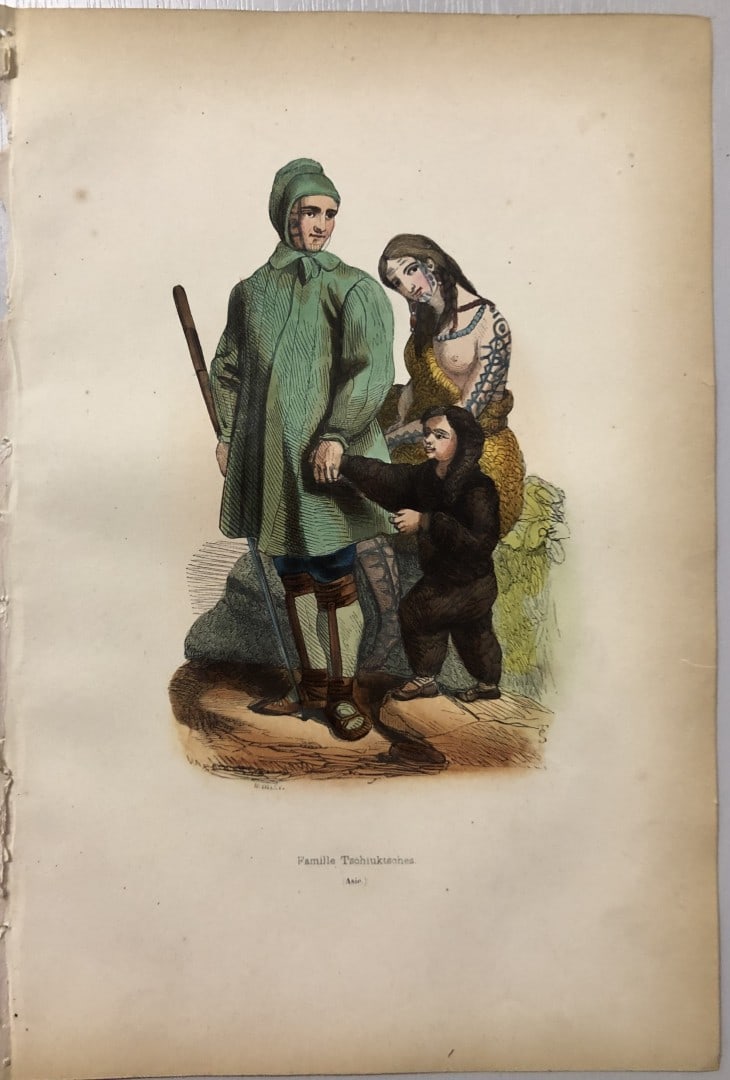 Auguste Wahlen - Woodcut engraving of Chinkchi family1843: This hand-coloured woodcut engraving is from the Asian volume of Moeurs, Usages et costumes de tous les peuples du monde, d'apr?s des documents authentiques et les voyages les plus r?cents by Auguste