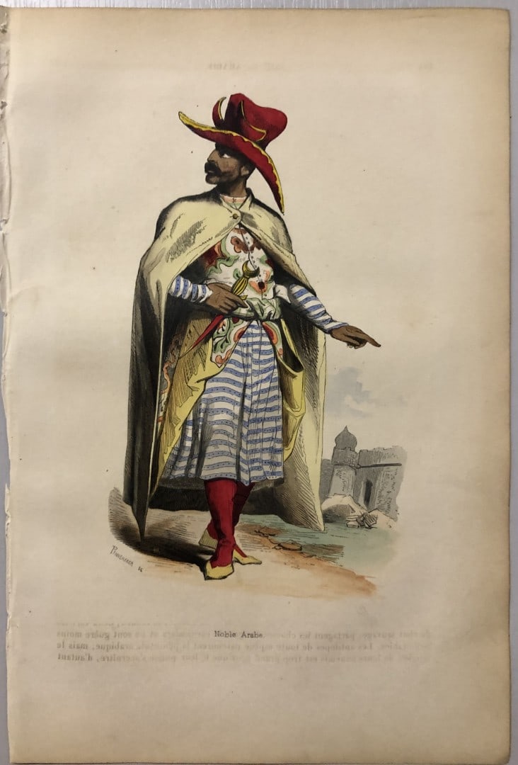 Auguste Wahlen - Woodcut engraving of Arab Nobleman 1843: This hand-coloured woodcut engraving is from the Asian volume of Moeurs, Usages et costumes de tous les peuples du monde, d'apr?s des documents authentiques et les voyages les plus r?cents by Auguste