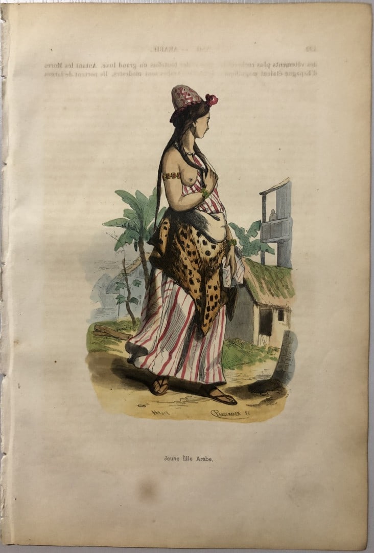 Auguste Wahlen - Woodcut engraving of Young Arab Girl 1843: This hand-coloured woodcut engraving is from the Asian volume of Moeurs, Usages et costumes de tous les peuples du monde, d'apr?s des documents authentiques et les voyages les plus r?cents by Auguste