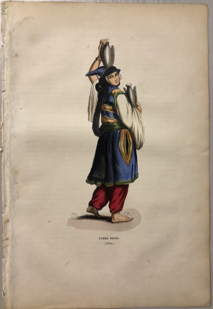 Auguste Wahlen - Woodcut engraving of Druze Lady 1843: This hand-coloured woodcut engraving is from the Asian volume of Moeurs, Usages et costumes de tous les peuples du monde, d'apr?s des documents authentiques et les voyages les plus r?cents by Auguste