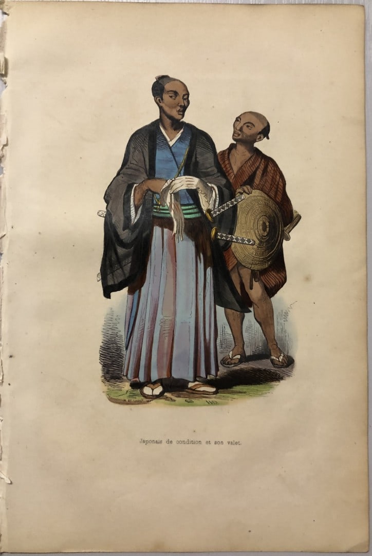 Auguste Wahlen - Woodcut engraving of Japanese man of rank and servant 1843: This hand-coloured woodcut engraving is from the Asian volume of Moeurs, Usages et costumes de tous les peuples du monde, d'apr?s des documents authentiques et les voyages les plus r?cents by Auguste