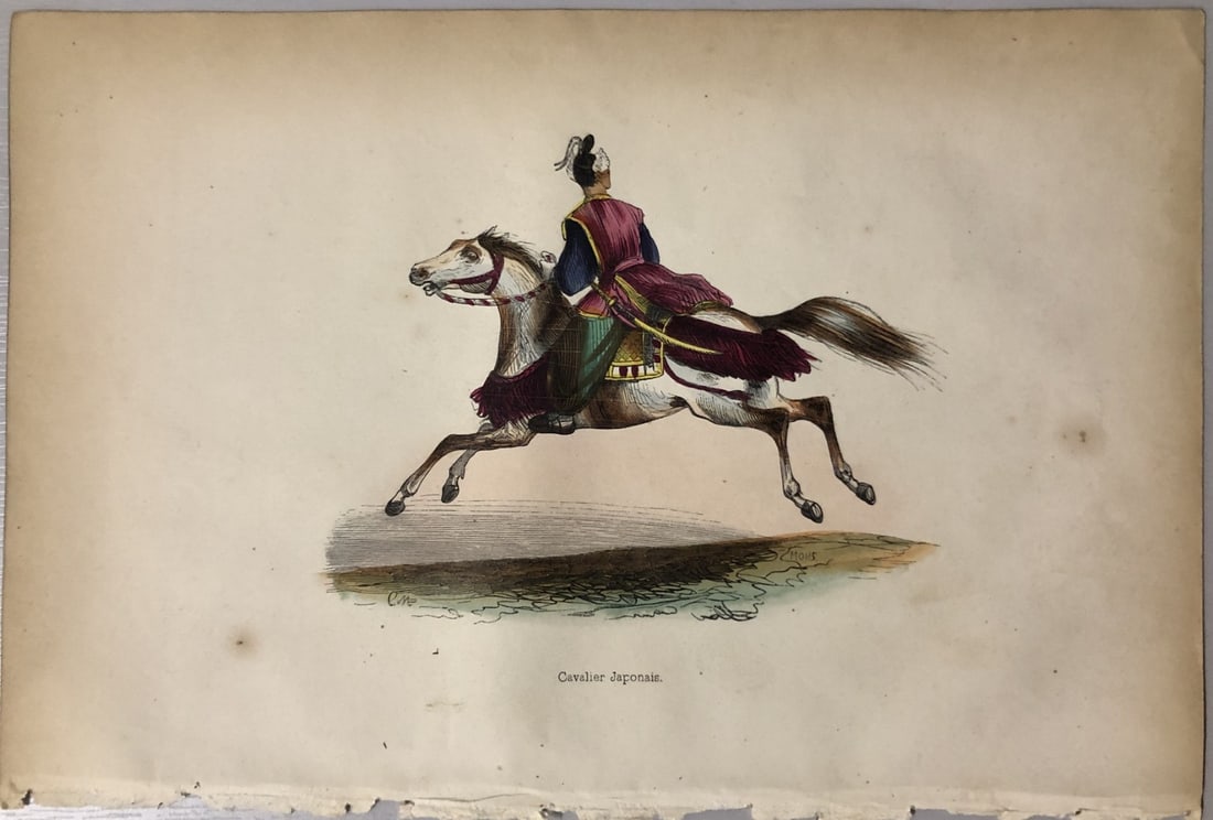 Auguste Wahlen - Woodcut engraving of Japanese Cavalryman 1843: This hand-coloured woodcut engraving is from the Asian volume of Moeurs, Usages et costumes de tous les peuples du monde, d'apr?s des documents authentiques et les voyages les plus r?cents by Auguste