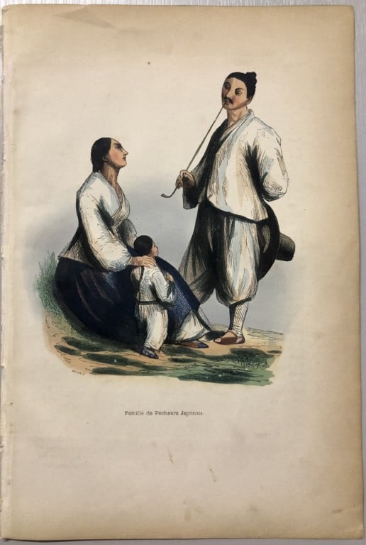 Auguste Wahlen - Woodcut engraving of Japanese fishing family 1843: This hand-coloured woodcut engraving is from the Asian volume of Moeurs, Usages et costumes de tous les peuples du monde, d'apr?s des documents authentiques et les voyages les plus r?cents by Auguste