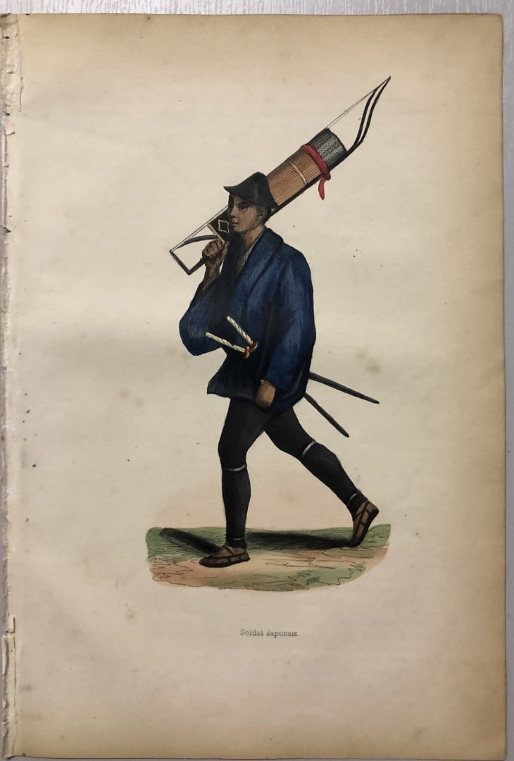 Auguste Wahlen - Woodcut engraving of Japanese Soldier 1843: This hand-coloured woodcut engraving is from the Asian volume of Moeurs, Usages et costumes de tous les peuples du monde, d'apr?s des documents authentiques et les voyages les plus r?cents by Auguste
