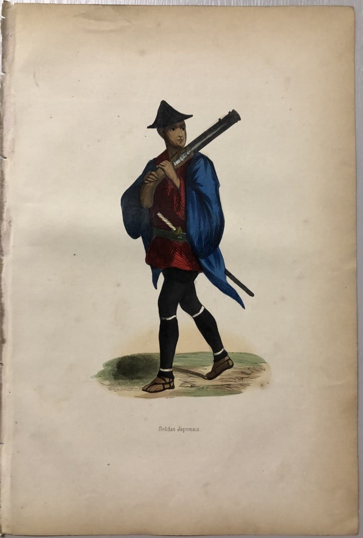 Auguste Wahlen - Woodcut engraving of Japanese Soldier 1843: This hand-coloured woodcut engraving is from the Asian volume of Moeurs, Usages et costumes de tous les peuples du monde, d'apr?s des documents authentiques et les voyages les plus r?cents by Auguste