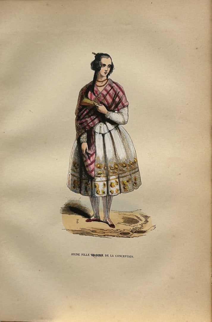 Auguste Wahlen - Woodcut engraving of Young girl from Concepcion 1844: This hand-coloured woodcut engraving is from the Africa and America volume of Moeurs, Usages et costumes de tous les peuples du monde, d'apr?s des documents authentiques et les voyages les plus r?cent