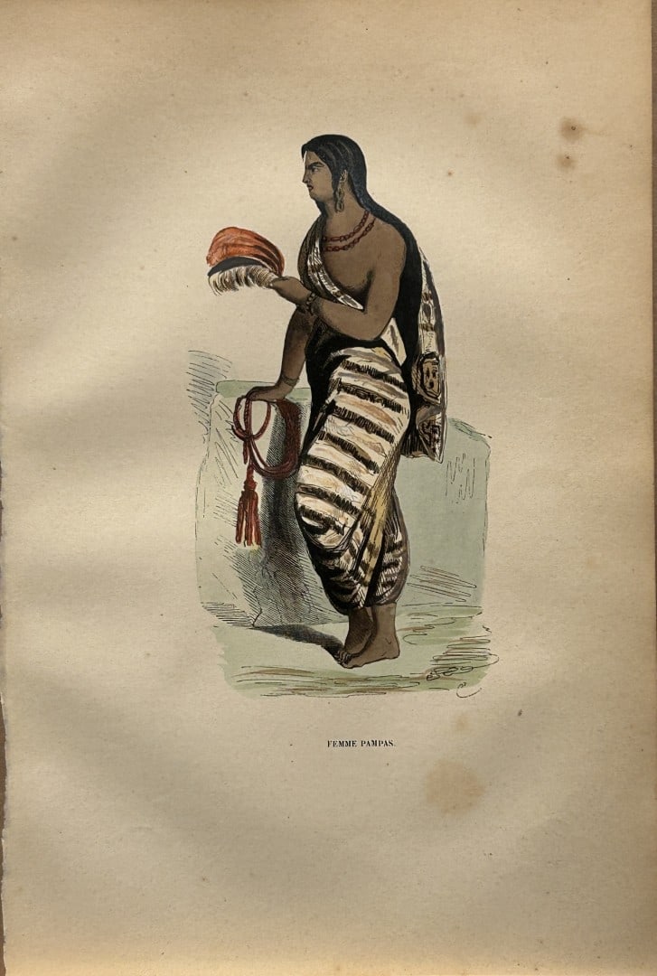 Auguste Wahlen - Woodcut engraving of Pampas woman 1844: This hand-coloured woodcut engraving is from the Africa and America volume of Moeurs, Usages et costumes de tous les peuples du monde, d'apr?s des documents authentiques et les voyages les plus r?cent
