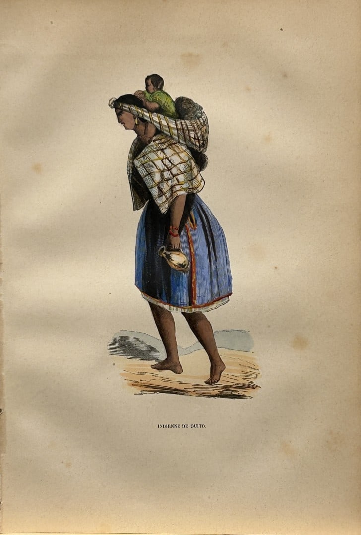 Auguste Wahlen - Woodcut engraving of Indian woman from Quito 1844: This hand-coloured woodcut engraving is from the Africa and America volume of Moeurs, Usages et costumes de tous les peuples du monde, d'apr?s des documents authentiques et les voyages les plus r?cent