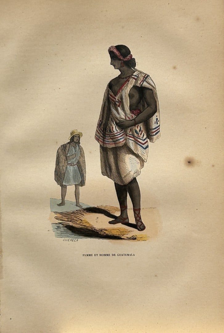 Auguste Wahlen - Woodcut engraving of Woman and man from Guatemala 1844: This hand-coloured woodcut engraving is from the Africa and America volume of Moeurs, Usages et costumes de tous les peuples du monde, d'apr?s des documents authentiques et les voyages les plus r?cent