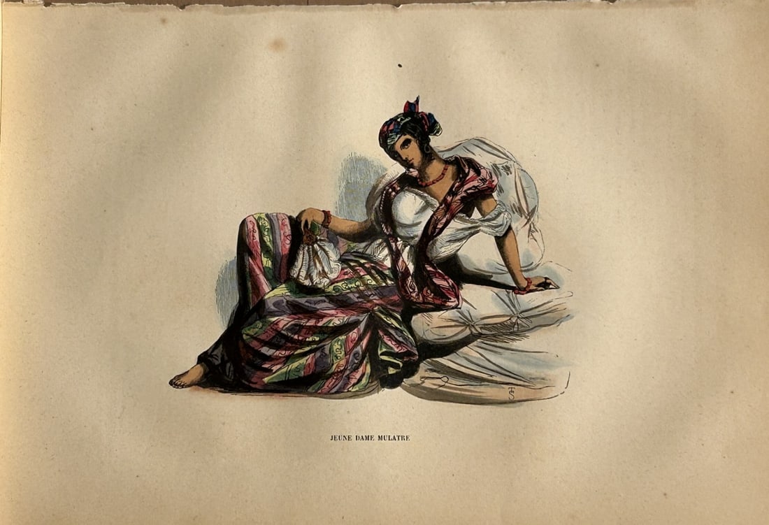 Auguste Wahlen - Woodcut engraving of Young Mulatto woman 1844: This hand-coloured woodcut engraving is from the Africa and America volume of Moeurs, Usages et costumes de tous les peuples du monde, d'apr?s des documents authentiques et les voyages les plus r?cent