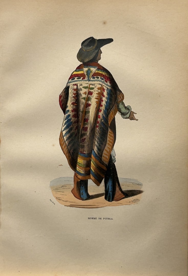 Auguste Wahlen - Woodcut engraving of Man from Puebla 1844: This hand-coloured woodcut engraving is from the Africa and America volume of Moeurs, Usages et costumes de tous les peuples du monde, d'apr?s des documents authentiques et les voyages les plus r?cent