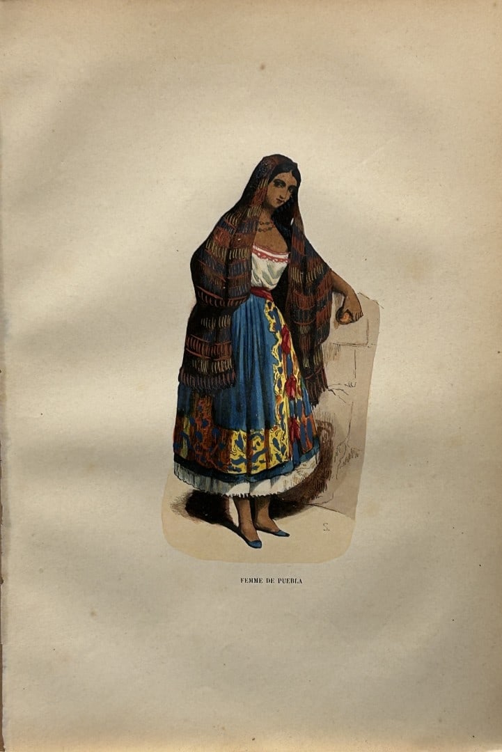 Auguste Wahlen - Woodcut engraving of Woman from Puebla 1844: This hand-coloured woodcut engraving is from the Africa and America volume of Moeurs, Usages et costumes de tous les peuples du monde, d'apr?s des documents authentiques et les voyages les plus r?cent
