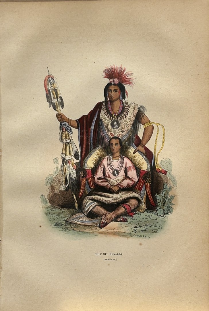 Auguste Wahlen - Woodcut engraving of Fox Chief 1844: This hand-coloured woodcut engraving is from the Africa and America volume of Moeurs, Usages et costumes de tous les peuples du monde, d'apr?s des documents authentiques et les voyages les plus r?cent