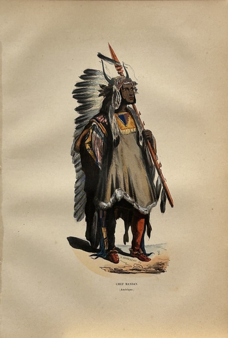 Auguste Wahlen - Woodcut engraving of Mandan Chief 1844: This hand-coloured woodcut engraving is from the Africa and America volume of Moeurs, Usages et costumes de tous les peuples du monde, d'apr?s des documents authentiques et les voyages les plus r?cent