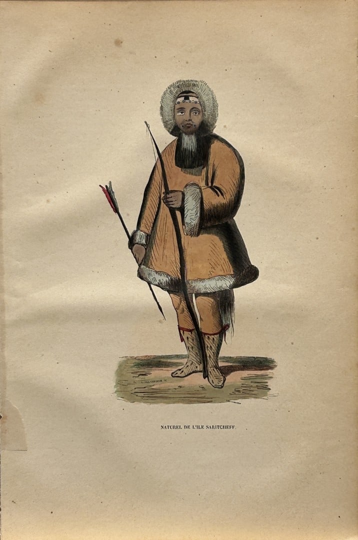 Auguste Wahlen - Woodcut engraving of Native of Saritscheff Island 1844: This hand-coloured woodcut engraving is from the Africa and America volume of Moeurs, Usages et costumes de tous les peuples du monde, d'apr?s des documents authentiques et les voyages les plus r?cent