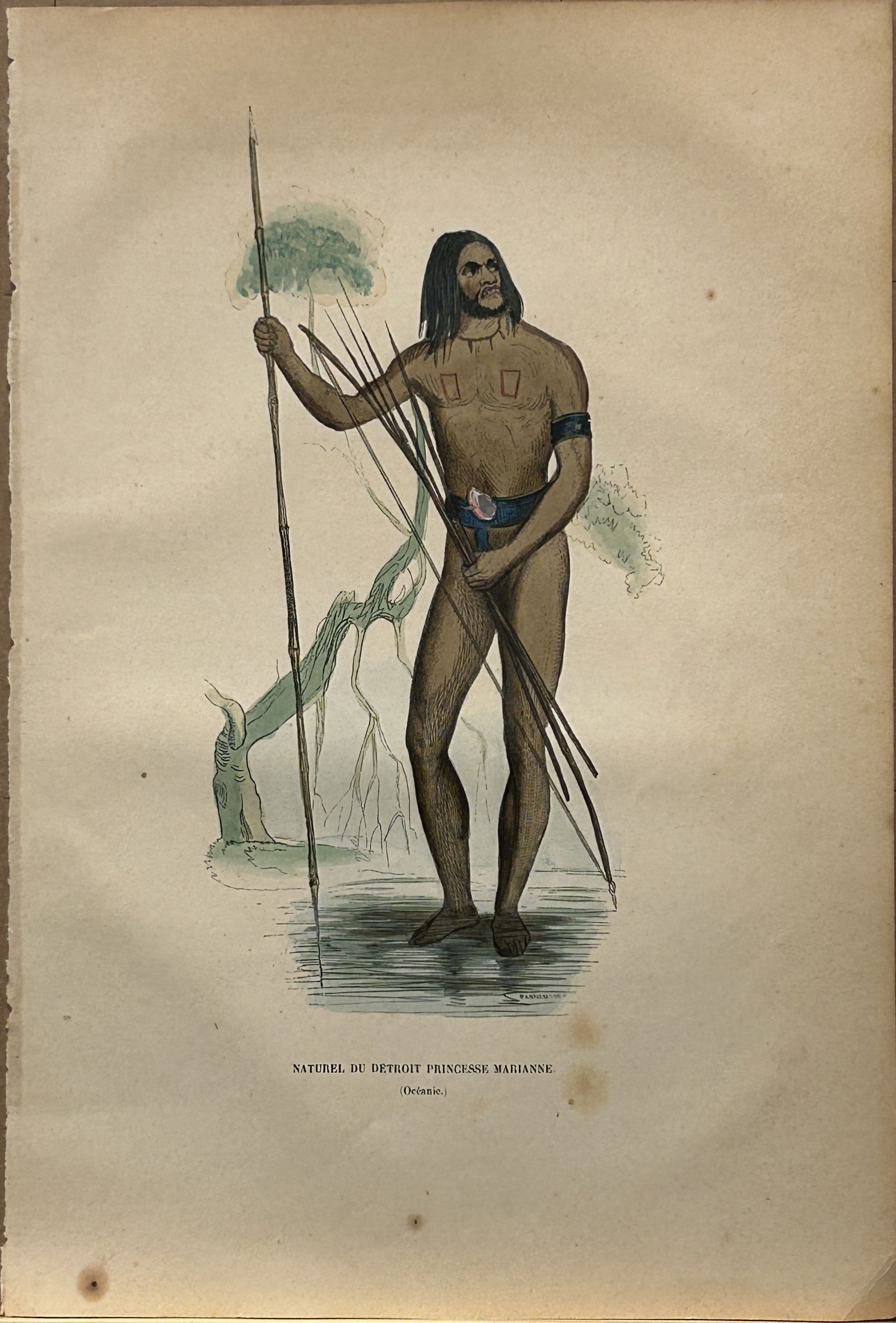 Auguste Wahlen - Woodcut engraving of native from Princess Marianne Island 1844: This hand-coloured woodcut engraving is from the Oceania volume of Moeurs, Usages et costumes de tous les peuples du monde, d'apr?s des documents authentiques et les voyages les plus r?cents by August