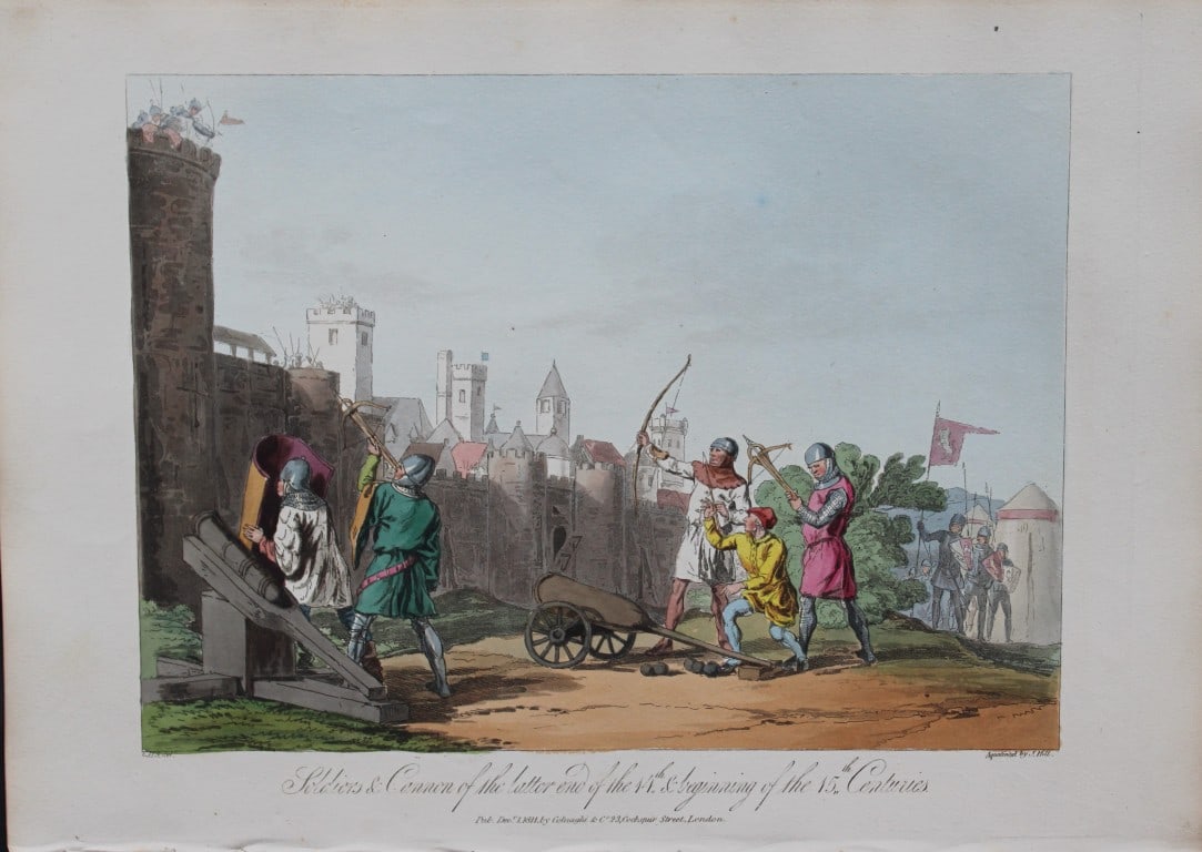 CH Smith - Artillery and Crossbowmen 1814: This hand-coloured aquatint is from Selections of the Ancient Costume of Great Britain and Ireland From the Seventh to the Sixteenth Century by Charles Hamilton Smith. Published in London by William B