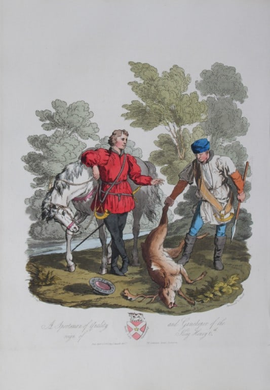 CH Smith - A Sportsman and a Gamekeeper of the reign of Henry V 1814: This hand-coloured aquatint is from Selections of the Ancient Costume of Great Britain and Ireland From the Seventh to the Sixteenth Century by Charles Hamilton Smith. Published in London by William B
