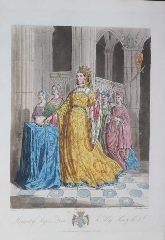 CH Smith - Queen Margaret of Anjou 1814: This hand-coloured aquatint is from Selections of the Ancient Costume of Great Britain and Ireland From the Seventh to the Sixteenth Century by Charles Hamilton Smith. Published in London by William B