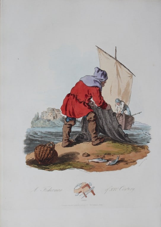 CH Smith - A Fisherman in the 14th Century 1814: This hand-coloured aquatint is from Selections of the Ancient Costume of Great Britain and Ireland From the Seventh to the Sixteenth Century by Charles Hamilton Smith. Published in London by William B