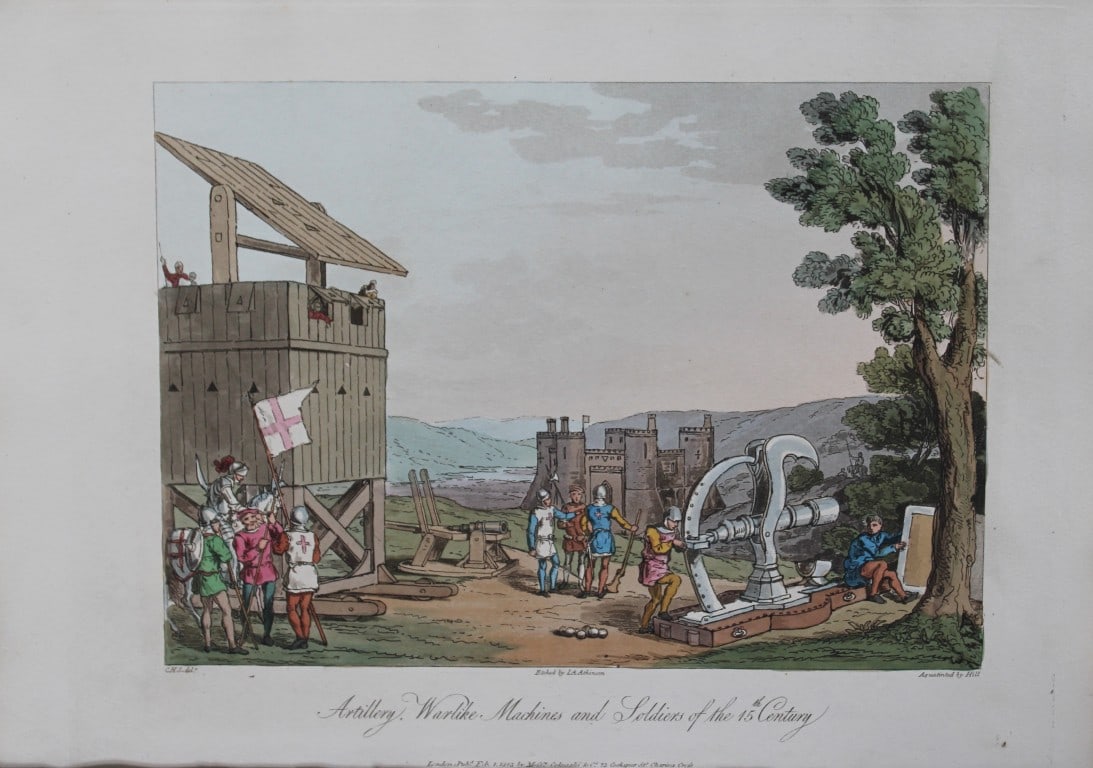 CH Smith - Artillery Warlike Machines of 15th Century 1814: This hand-coloured aquatint is from Selections of the Ancient Costume of Great Britain and Ireland From the Seventh to the Sixteenth Century by Charles Hamilton Smith. Published in London by William B