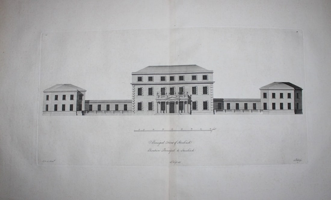 Vitruvius Britannicus 1771 - Pl 34 North Front of Foremark, Derbyshire: This original copperplate engraving of West Wycombe Park, Buckinghamshire, the seat of Baronet Dashwood, is from Vitruvius Britannicus Vol 5 published in 1771. The plates were drawn by Woolfe or Gando