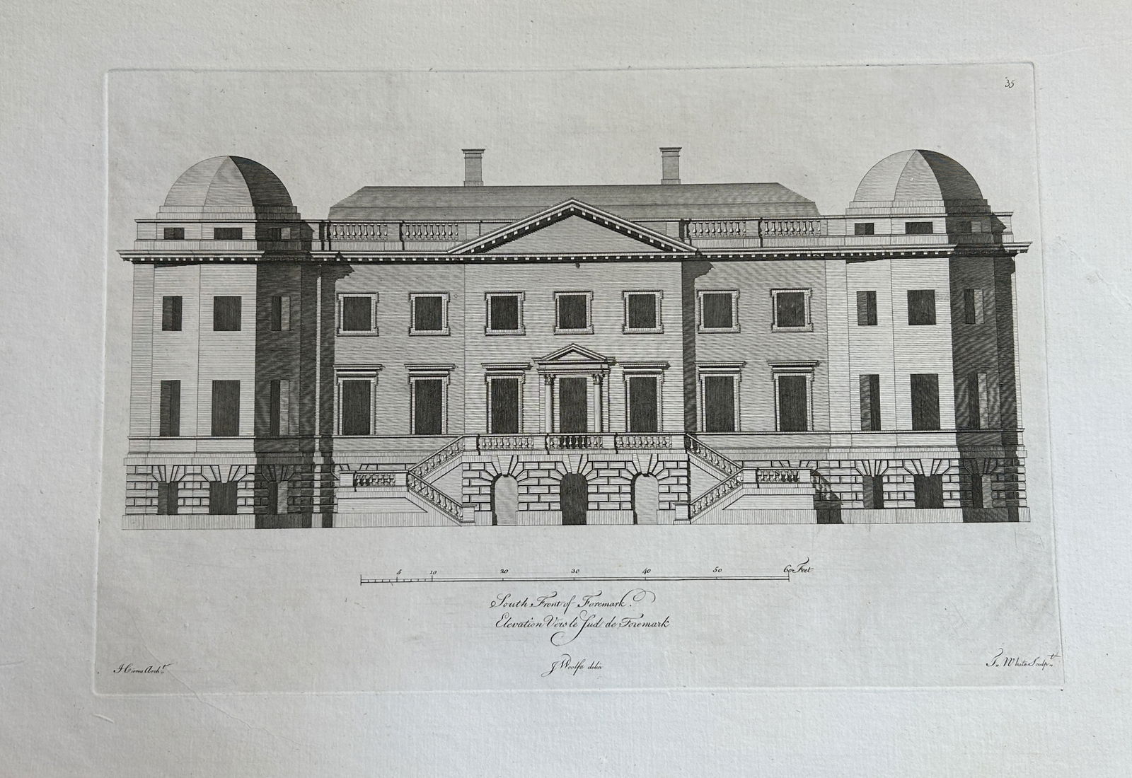 Vitruvius Britannicus 1771 - Pl 35 South Front of Foremark, Derbyshire: This original copperplate engraving of West Wycombe Park, Buckinghamshire, the seat of Baronet Dashwood, is from Vitruvius Britannicus Vol 5 published in 1771. The plates were drawn by Woolfe or Gando