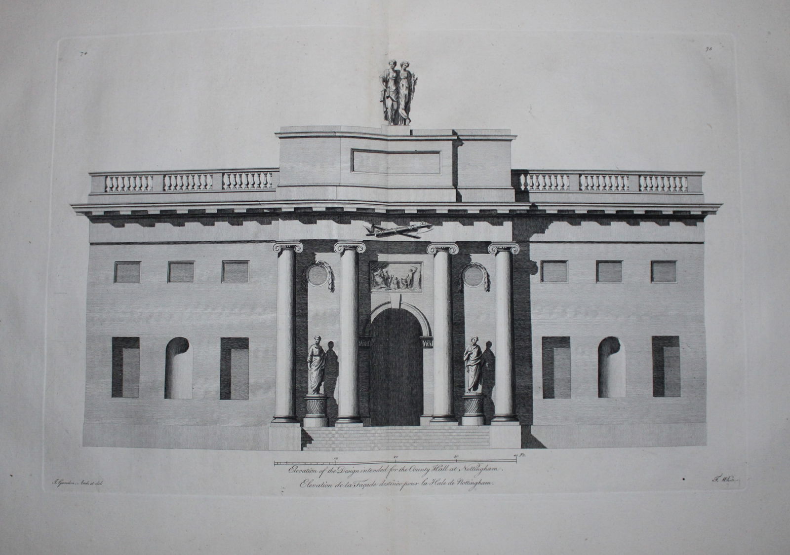 Vitruvius Britannicus 1771 - Pl 75 County Hall, Nottingham: This original copperplate engraving of West Wycombe Park, Buckinghamshire, the seat of Baronet Dashwood, is from Vitruvius Britannicus Vol 5 published in 1771. The plates were drawn by Woolfe or Gando