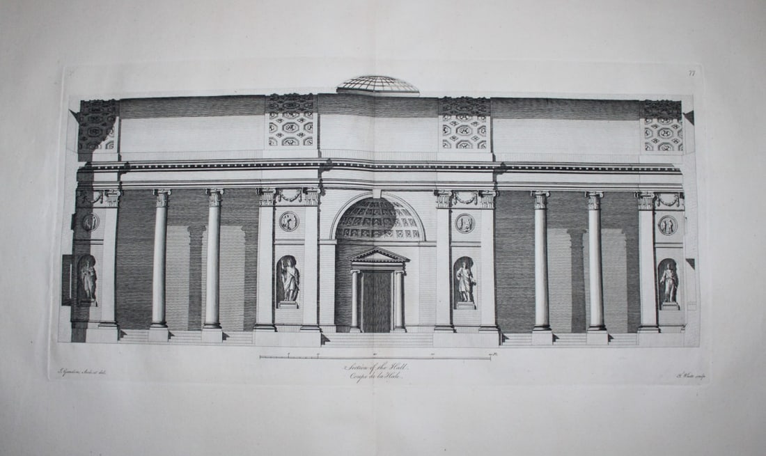 Vitruvius Britannicus 1771 - Pl 77 Section of County Hall, Nottingham: This original copperplate engraving of the County Hall in Nottingham is from Vitruvius Britannicus Vol 5 published in 1771. The plates were drawn by Woolfe or Gandon apart from plates 94-98, which wer
