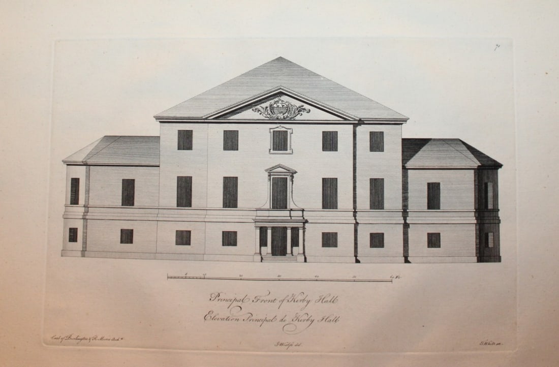 Vitruvius Britannicus 1771 - Pl 71 Kirby Hall, Northamptonshire: This original copperplate engraving of Kirby Hall, Northamptonshire is from Vitruvius Britannicus Vol 5 published in 1771. The plates were drawn by Woolfe or Gandon apart from plates 94-98, which were