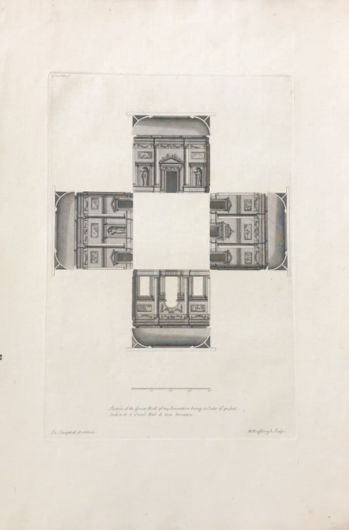 Colen Campbell - Great Hall at Houghton, Norfolk 1725: This copper engraving of the Great Hall at Houghton is plate 100 from volume 3 of the first edition of Vitruvius Britannicus or, the British Architect. Containing the Plans, Elevations, and Sections o