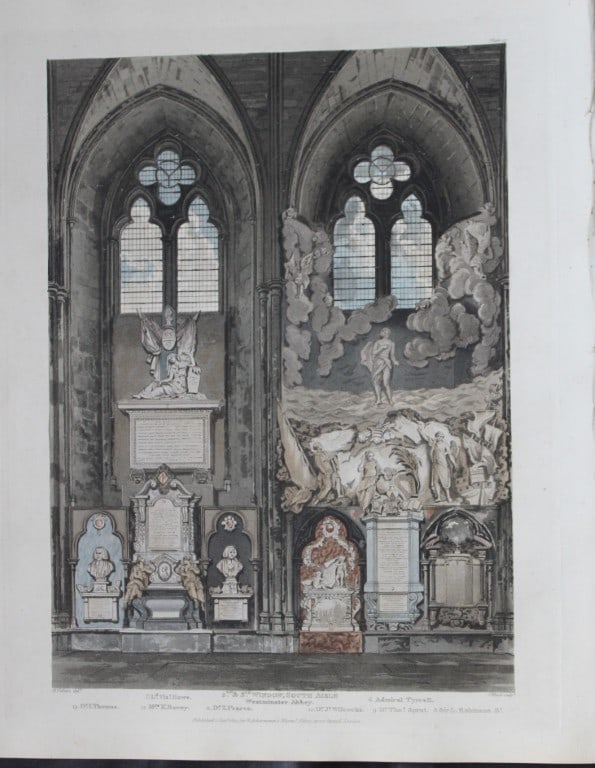H Villiers - 2nd and 3rd Windows in Westminster Abbey engraved by J Bluck 1812: This aquatint print is from The History of the Abbey Church of St. Peter's Westminster, Its Antiquities and Monuments by Rudolph Ackermann and William Combe, published in London 1812.One of the quinte