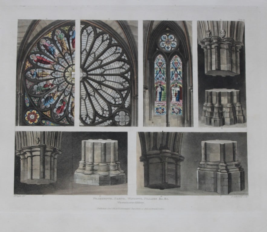A Pugin - Pillars etc of Westminster Abbey engraved by T Sutherland 1812: This aquatint print is from The History of the Abbey Church of St. Peter's Westminster, Its Antiquities and Monuments by Rudolph Ackermann and William Combe, published in London 1812.One of the quinte
