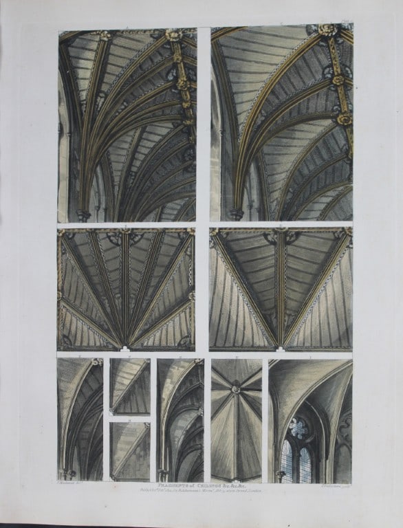 F Mackenzie - Ceilings etc of Westminster Abbey engraved by T Sutherland 1812: This aquatint print is from The History of the Abbey Church of St. Peter's Westminster, Its Antiquities and Monuments by Rudolph Ackermann and William Combe, published in London 1812.One of the quinte