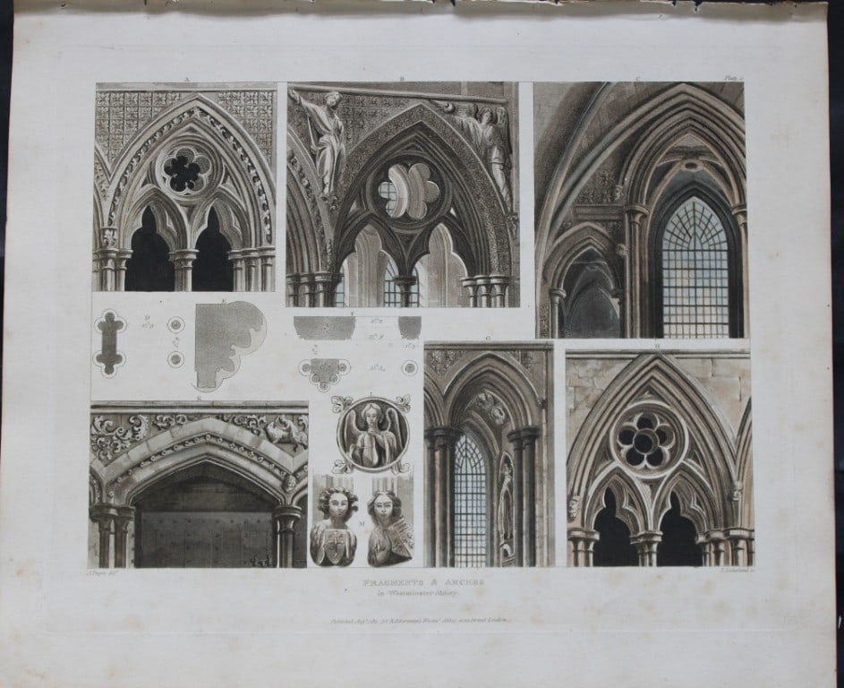 A Pugin - Arches etc of Westminster Abbey engraved by T Sutherland 1812: This aquatint print is from The History of the Abbey Church of St. Peter's Westminster, Its Antiquities and Monuments by Rudolph Ackermann and William Combe, published in London 1812.One of the quinte