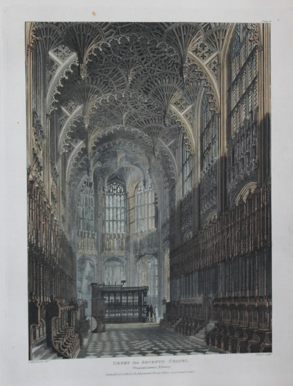 F Mackenzie - Henry VII Chapel in Westminster Abbey engraved by J Bluck 1812: This aquatint print is from The History of the Abbey Church of St. Peter's Westminster, Its Antiquities and Monuments by Rudolph Ackermann and William Combe, published in London 1812.One of the quinte